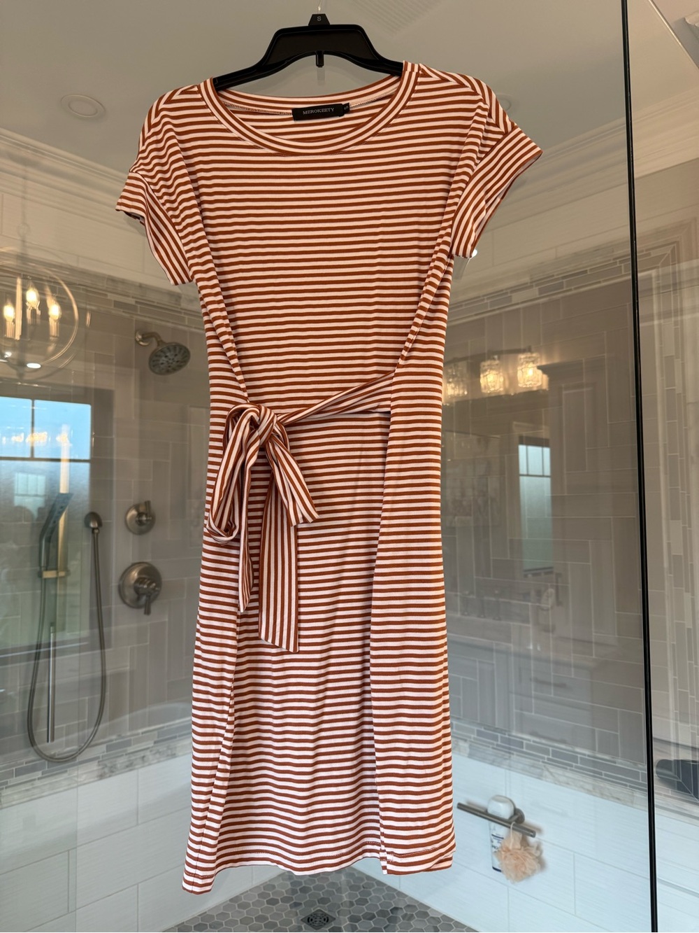 Striped Tie-Waist Midi Dress in Rust and White